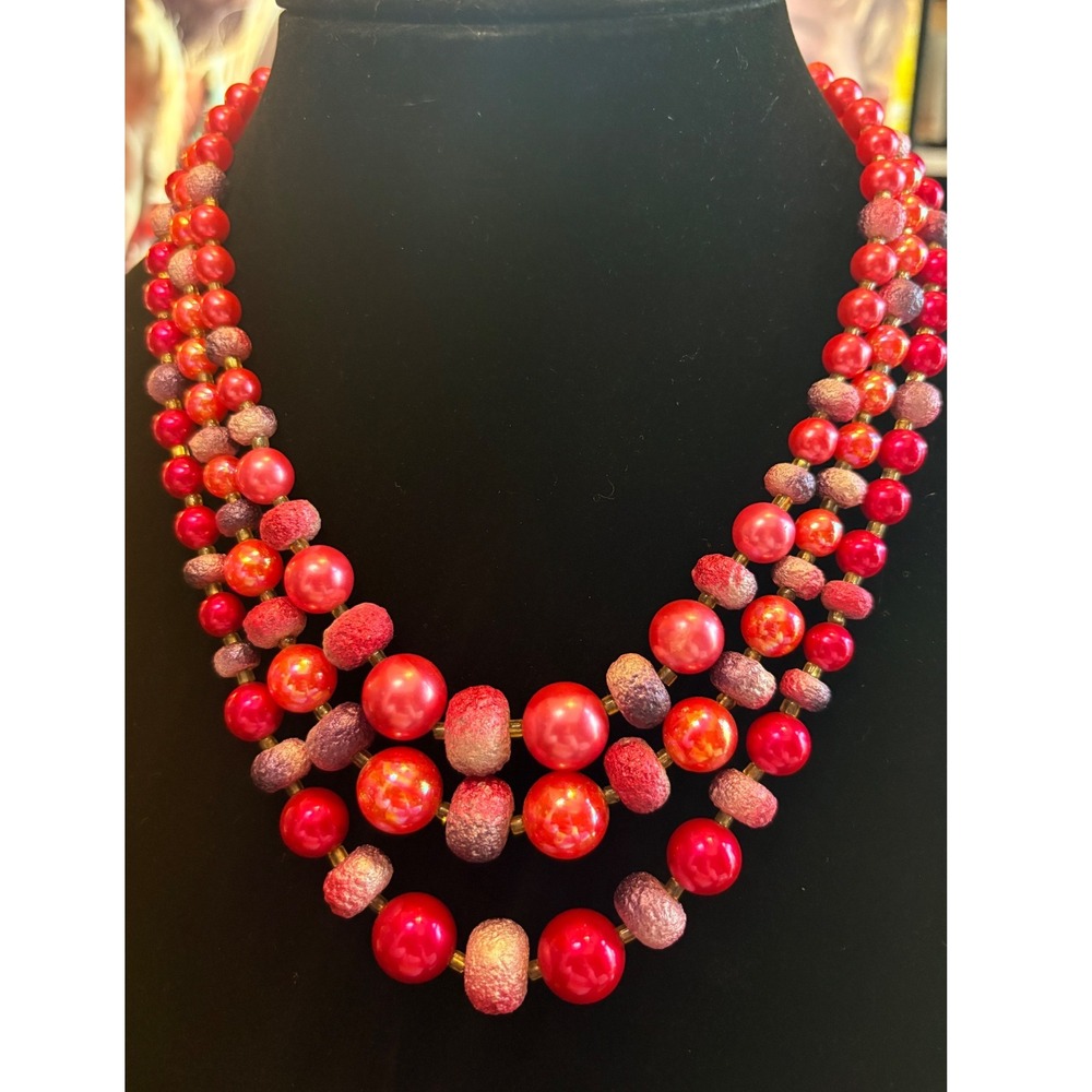 Vintage Triple Strand Beaded Statement Necklace Red Pink Purple Sugar Beads Hook
